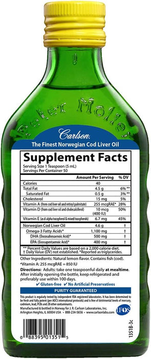 Carlson Labs Wild Norwegian Cod Liver Oil, 1100mg Natural Green Apple - 250ml