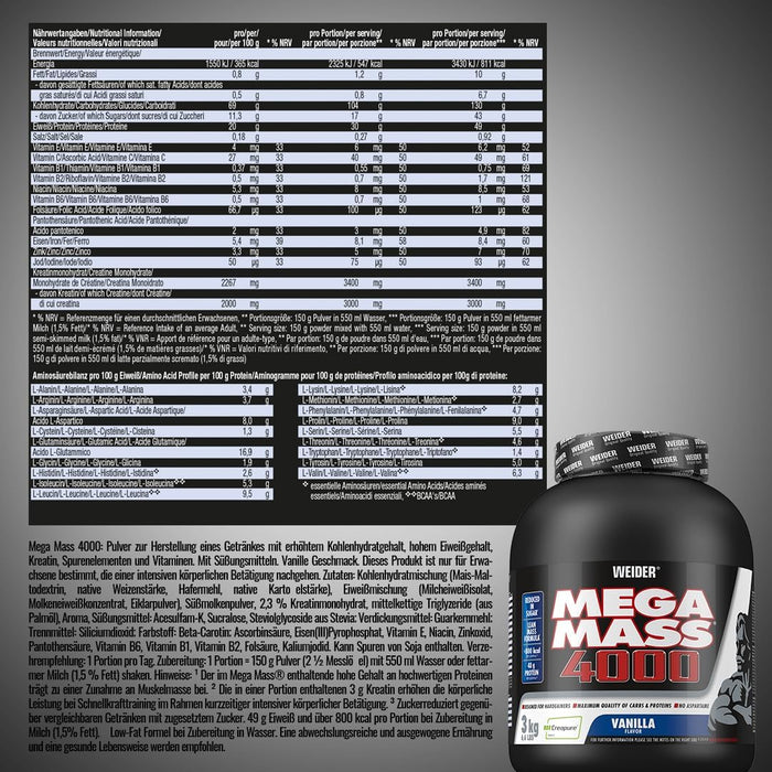 Weider Mega Mass 4000, Vanilla - 3000 grams