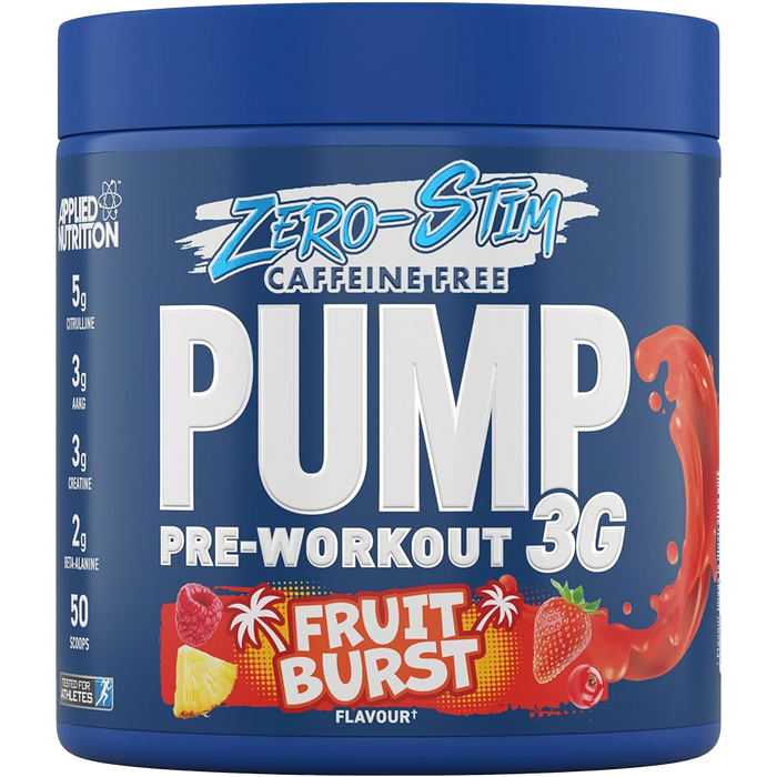 Applied Nutrition Pump Zero Pre Workout – Zero Stim Koffeinfreie Energie und Leistung (375 g – 50 Portionen) (Fruit Burst)