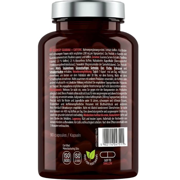 Essensey Guarana + Caffeine | Natural Energy Booster | 228mg Guarana & 150mg Caffeine 90 Capsules