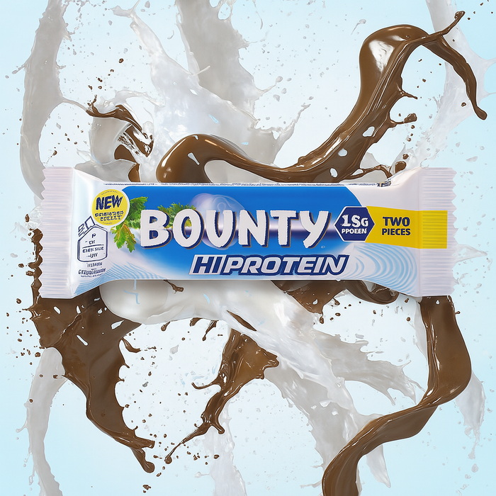 Bounty HiProtein bar centered on a dynamic background of exploding chocolate and coconut milk, set against a light blue backdrop.