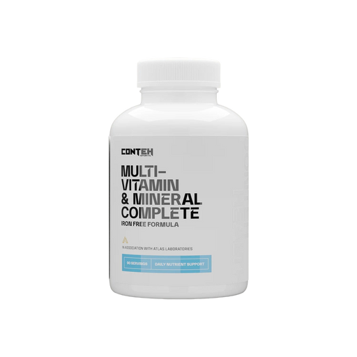 White supplement bottle labeled 'Multi-Vitamin & Mineral Complete' on a white background