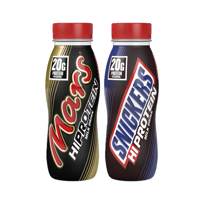 Two bottles of Mars and Snickers Hi Protein Milk Drinks on a white background