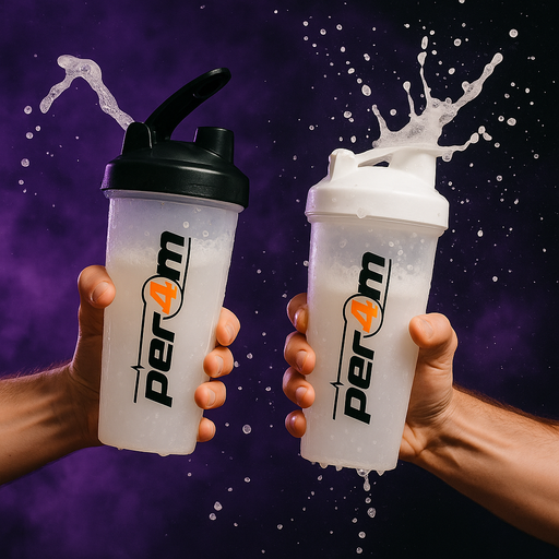 Two clear PER4M shaker bottles in use with frothy liquid splashing out, held firmly in muscular hands against a bold purple MSS-themed background, capturing dynamic energy and movement