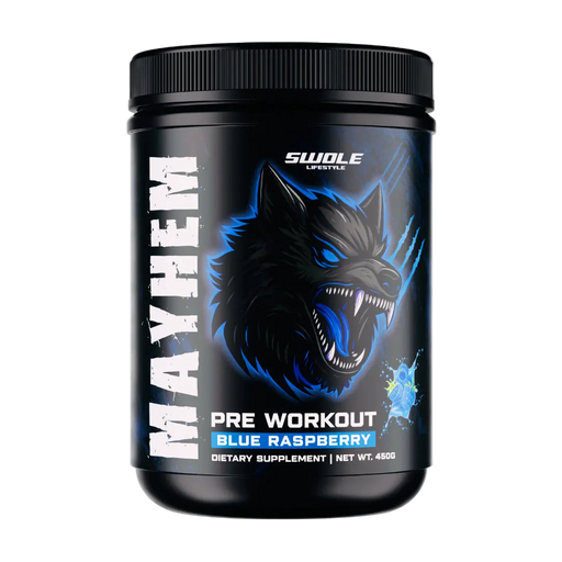 Pre workout supplement container with wolf design on a white background
