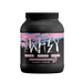 Black supplement container with pink and white label on a white background