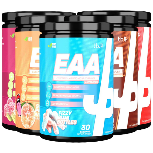 Colorful tubs of Trained By JP EAA for boosting protein and essential nutrients