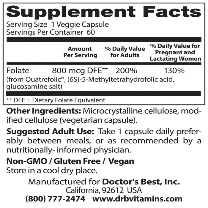 Doctor's Best Fully Active Folate 800, 800 mcg 60 Veggie Capsules - Health and Wellbeing at MySupplementShop by Doctor's Best