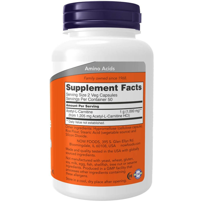 NOW Foods Acetyl-L Carnitine 500 mg 100 Veg Capsules | Premium Supplements at MYSUPPLEMENTSHOP