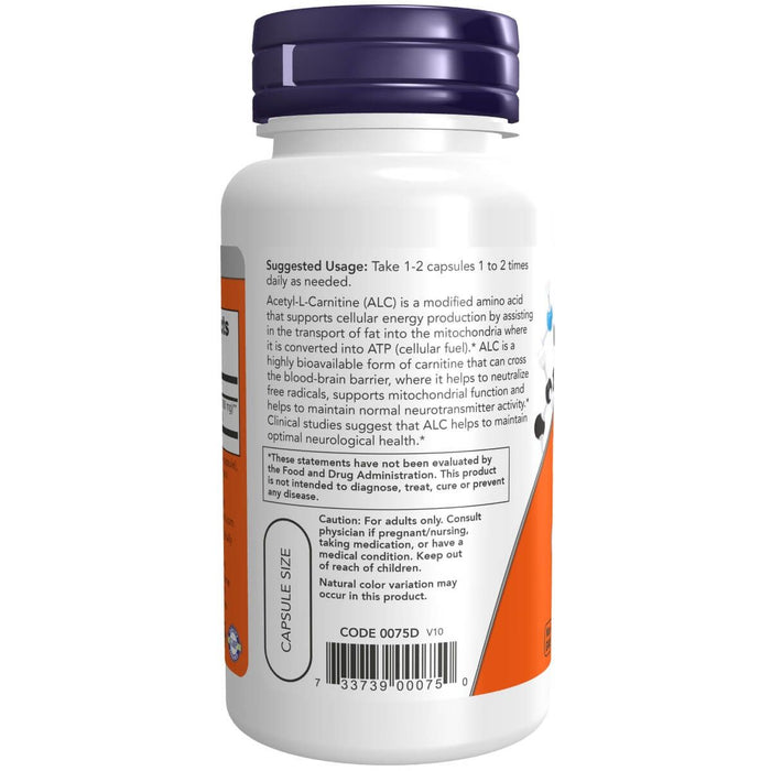 NOW Foods Acetyl-L Carnitine 500 mg 50 Veg Capsules - Amino Acids and BCAAs at MySupplementShop by NOW Foods