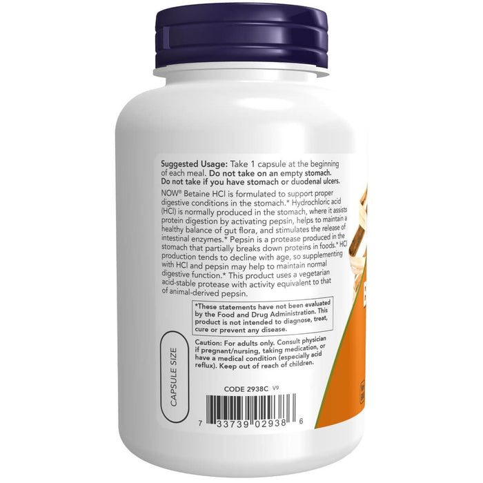 NOW Foods Betaine HCl 648 mg 120 Veg Capsules | Premium Supplements at MYSUPPLEMENTSHOP