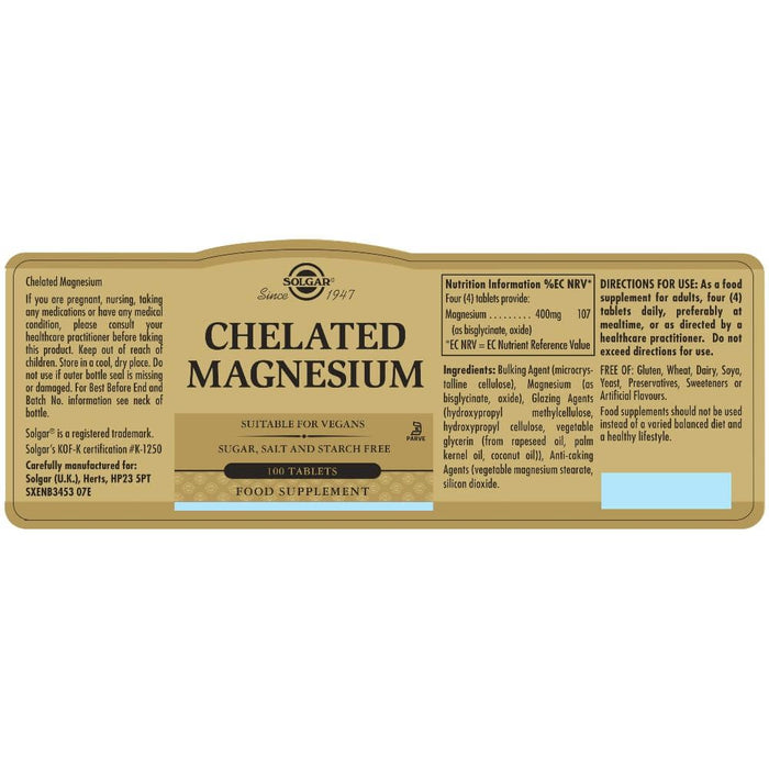 Solgar Chelated Magnesium Tablets Pack of 100 | Premium Supplements at MYSUPPLEMENTSHOP