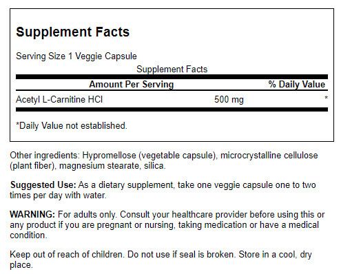 Swanson Acetyl L-Carnitine 500mg 100 Veg Capsules at MySupplementShop.co.uk