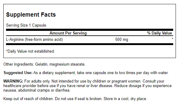 Swanson L-Arginine 500 mg 100 Capsules | Premium Supplements at MYSUPPLEMENTSHOP