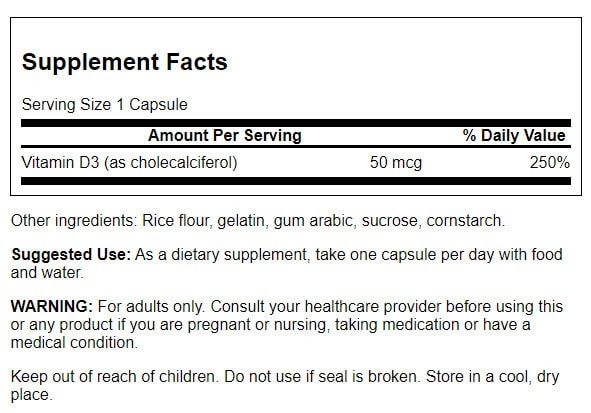 Swanson Vitamin D3 Higher Potency 2,000 IU (50 mcg) 250 Capsules at MySupplementShop.co.uk