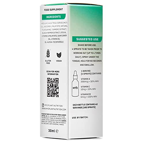 MYO Plant Nutrition Post Workout Recovery Spray - 30ml - Vegan After Workout Rapid Muscle Repair - Turmeric & Black Pepper Vitamins A C E & D3 to Replenish Body & Mind - Cinnamon & Vanilla Flavour | High-Quality Vitamins, Minerals & Supplements | MySupplementShop.co.uk