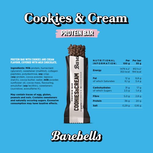 Barebells Protein Bars | 20g protein low carb chocolate bars | after workout low calorie snacks 12 x 55g (Cookies & Cream) | High-Quality Protein Bars | MySupplementShop.co.uk