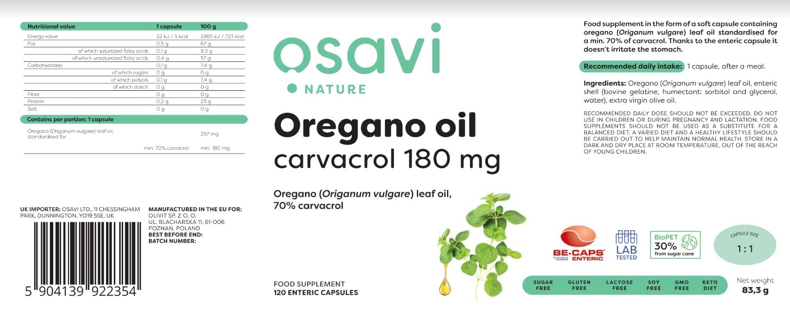 Osavi Oregano Oil Carvacrol, 180mg - 120 enteric caps | High-Quality Oregano | MySupplementShop.co.uk