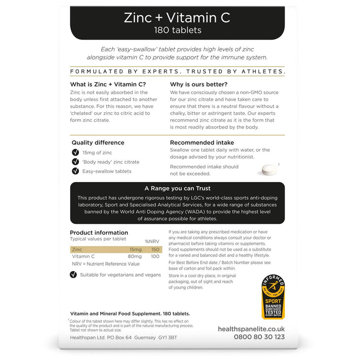 Healthspan Elite Zinc + Vitamin C - 180 tabs | High-Quality Zinc | MySupplementShop.co.uk